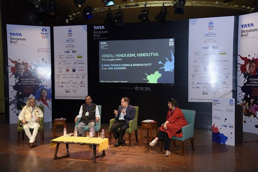 Anil Dharker with Pavan K Varma, N Ram and Barkha Dutt at the Tata Literature Live 2018